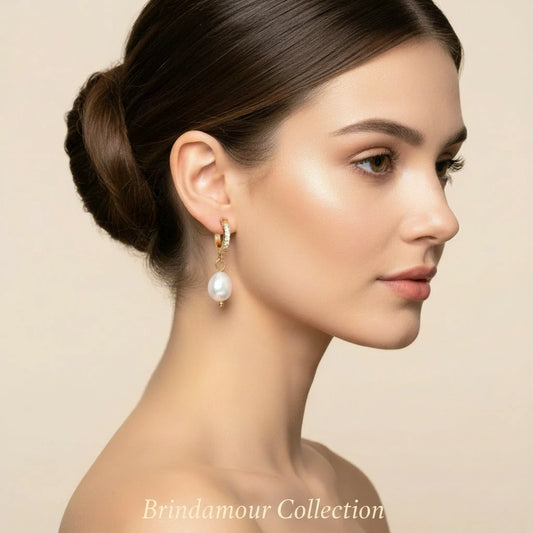 18K gold plated hoop earrings with freshwater pearl drops on neutral background, showing elegant minimalist design.